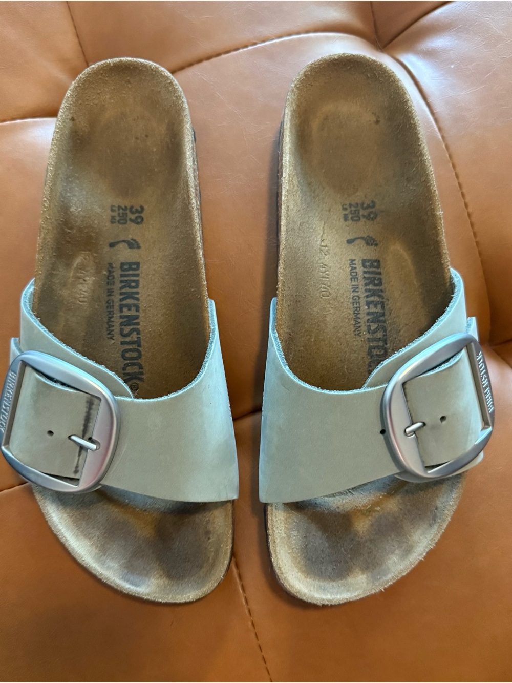 Birkenstock Madrid Single Buckle Slide - Pale Blue Upper with Silver Buckles